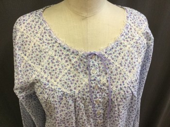 Womens, Nightgown, ADONNA, White, Lavender Purple, Aqua Blue, Navy Blue, Cotton, Polyester, Floral, M, Round Neck, Long Sleeves with Elastic at Wrist, Pullover, Button Placket, Lace Trim and Applique at Front Yoke, Long