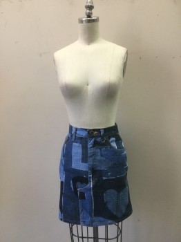 MOSCHINO, Blue, Navy Blue, Lt Blue, Cotton, Novelty Pattern, Patchwork Denim Like Print with Patchwork Heart Shape at Bottom Left Front. Zip Fly, Slit Center Front, 5 + Pockets, Copper Peace Sign at Right Back Pocket