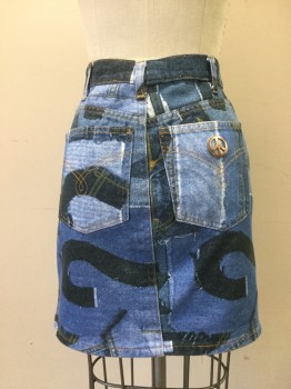 MOSCHINO, Blue, Navy Blue, Lt Blue, Cotton, Novelty Pattern, Patchwork Denim Like Print with Patchwork Heart Shape at Bottom Left Front. Zip Fly, Slit Center Front, 5 + Pockets, Copper Peace Sign at Right Back Pocket