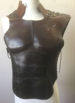 Mens, Breastplate, N/L MTO, Brown, Leather, 38-40, Aged Leather, Paneled/Molded with Muscle/Chest Contours, Stand Collar, Asymmetric Shoulders, Silver Ring Shaped Discs at Shoulders, Open Cut/Wound at Side Chest Lacing/Ties at Sides and Center Back, Made To Order