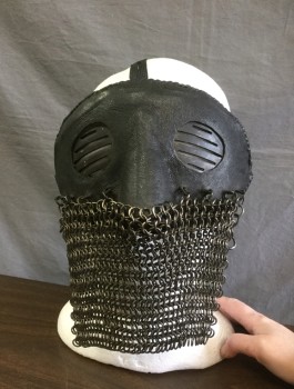 Unisex, Sci-Fi/Fantasy Mask, N/L, Black, Pewter Gray, Leather, Metallic/Metal, Solid, Black Leather with Pewter Chainmail Covering Mouth Area, Slatted Eye Openings, Elastic Strap, Made To Order