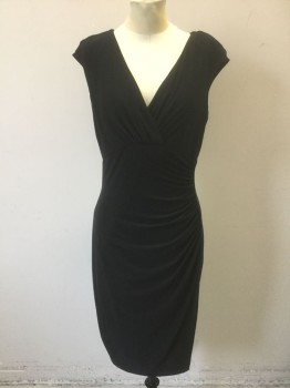 RALPH LAUREN, Black, Polyester, Elastane, Solid, Almost-Cap Sleeve, Gathered at Wrap V-neck, Ruched at Side Seam, Knee Length