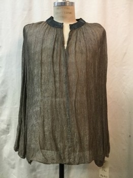 Mens, Tops, NO LABEL, Gold, Metallic, Black, Synthetic, Solid, XL, Sheer Crinkled Chiffon, Long Sleeves, Black Leather Key Hole Neck, Mended Small Hole Center Back Made To Order