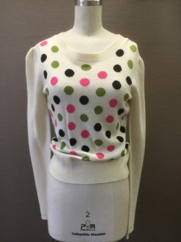 MILLY, Off White, Pink, Olive Green, Black, Viscose, Wool, Polka Dots, Detailed Ribbed Knit Scoop Neck/Cuff/Waistband, Gathered at Top Shoulder Inset