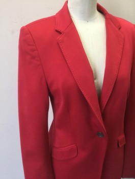 RAG & BONE, Cherry Red, Cotton, Nylon, Solid, Stretch Ponte, 1 Button, Notched Lapel with Hand Picked Stitching, 2 Pockets, Padded Shoulders, Slim Fit, Below Hip Length, Black Lining