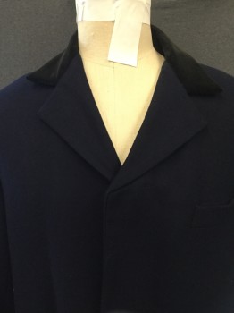 Mens, Coat 1890s-1910s, N/L, Navy Blue, Black, Wool, Cotton, Solid, 46, Navy Coat with Black Velvet Collar, Hidden Button Placket Center Front, , 1 Welt Pocket, 2 Pockets with Flaps,