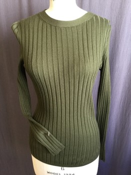 BANANA REPUBLIC, Olive Green, Wool, Solid, Ribbed, Round Neck,  Long Sleeves,