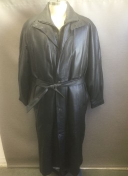 Mens, Coat, Leather, 23RD ST, Black, Leather, Solid, XL, Zip and Snap Front, Double Layer Stand Collar, 4 Welt Pockets, Padded Shoulders, Lined, **With Matching Sash Belt