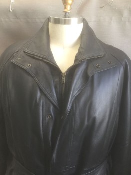 Mens, Coat, Leather, 23RD ST, Black, Leather, Solid, XL, Zip and Snap Front, Double Layer Stand Collar, 4 Welt Pockets, Padded Shoulders, Lined, **With Matching Sash Belt