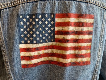LEVI'S, Lt Blue, Cotton, Solid, Button Front, Collar Attached, 4 Pockets, Long Sleeves, Button Cuff, American Flag Painted on Back