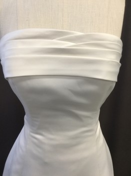 MON CHERI, Off White, Polyester, Solid, Strapless Polysatin, Pleated Bust, Aline, Zip Back with Faux Covered Button Back, Long Train Stitched to Make Bustle, Tulle Slip