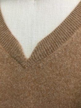 JOHN ASHFORD, Camel Brown, Cashmere, Solid, Knit, Pullover, V-neck with Unusual Notch at Center