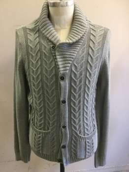 H&M, Lt Gray, Cotton, Cable Knit, 6 Buttons, Shawl Collar, 2 Pockets,