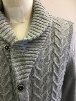 H&M, Lt Gray, Cotton, Cable Knit, 6 Buttons, Shawl Collar, 2 Pockets,