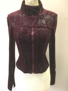 N/L MTO, Red Burgundy, Metallic, Polyester, Reptile/Snakeskin, Burgundy Velvet with Metallic Snakeskin/Scales Pattern, Long Sleeves, Zip Front, Form Fitting, Stand Collar, Made To Order