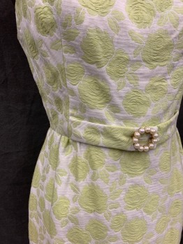 Womens, 1960s Vintage, Suit, Dress, N/L, Lime Green, White, Silk, Rayon, Floral, W 26, B 38, Floral Brocade, Scoop Neck, Sleeveless, Zip Back, Gathered Skirt, Tab Front Waist with Pearl Circle Brooch, Knee Length,