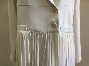 MORGANE LE FAY, Off White, Silk, Solid, 2 Buttons,  Shawl Collar, 2 Pockets at Waist, Gathered Skirt, Raglan Sleeves,  Little Dirty at Shoulders Where Hanger is Touched. Lined