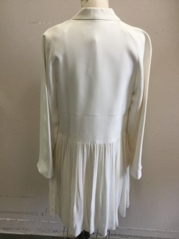 MORGANE LE FAY, Off White, Silk, Solid, 2 Buttons,  Shawl Collar, 2 Pockets at Waist, Gathered Skirt, Raglan Sleeves,  Little Dirty at Shoulders Where Hanger is Touched. Lined