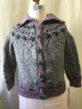 Childrens, Cardigan Sweater, NO LABEL, Heather Gray, Purple, Forest Green, Synthetic, Novelty Pattern, CH 26, Green Button Front, Collar Attached,