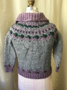 Childrens, Cardigan Sweater, NO LABEL, Heather Gray, Purple, Forest Green, Synthetic, Novelty Pattern, CH 26, Green Button Front, Collar Attached,