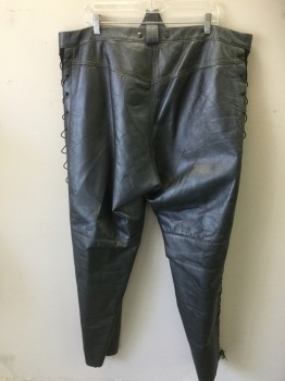 Mens, Leather Pants, N/L, Pewter Gray, Leather, Synthetic, Solid, 42/35, Black Elastic Lace Up Sides with Black Fabric Underneath, Back Loop, Flat Front,