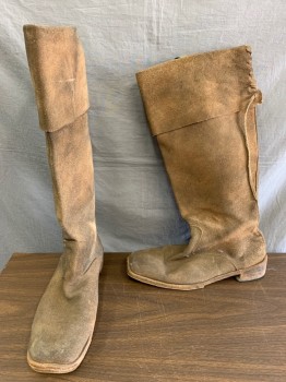 MTO, Caramel Brown, Suede, Solid, Made To Order, Bucket Topped Boots with Lacing Center Back, Square Toe, Aged/Distressed,