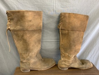 MTO, Caramel Brown, Suede, Solid, Made To Order, Bucket Topped Boots with Lacing Center Back, Square Toe, Aged/Distressed,