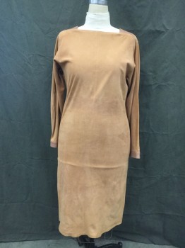 N/L, Caramel Brown, Lt Brown, Faux Leather, Solid, Suede, Square Neck with Light Brown Triangle Faux Leather Panels, Center Front Seam, Waist Seam, Below Hip Seam, Hem Below Knee, Long Sleeves, with Lt Brown Leather Button Cuff, 2 Button Back Neck