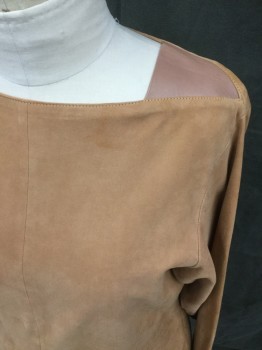 N/L, Caramel Brown, Lt Brown, Faux Leather, Solid, Suede, Square Neck with Light Brown Triangle Faux Leather Panels, Center Front Seam, Waist Seam, Below Hip Seam, Hem Below Knee, Long Sleeves, with Lt Brown Leather Button Cuff, 2 Button Back Neck