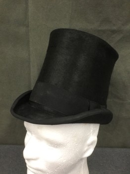 Mens, Historical Fiction Hat , KAMINSKY, Black, Fur, 59, 7 3/8, Top Hat, 2" Wide Faille Band and Edging at Brim, 6.5" Tall Narrow Crown, Rolled Side Brim