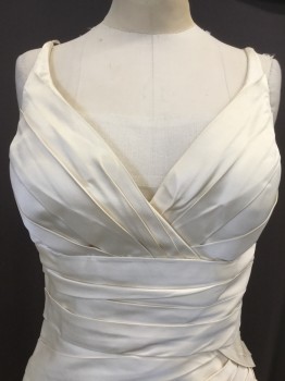 PRICILLA OF BOSTON, Off White, Acetate, Solid, V-neck, Sleeveless, Back Zipper, Asymmetrical Horizontal Pleated Bodice with Surplice Bust, Fitted Through Hips with Full Lower Skirt and Train, Faux Buttons Down Back, Removable Stains Lower Front and Back Edge of Train Pictured