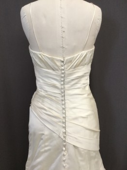 PRICILLA OF BOSTON, Off White, Acetate, Solid, V-neck, Sleeveless, Back Zipper, Asymmetrical Horizontal Pleated Bodice with Surplice Bust, Fitted Through Hips with Full Lower Skirt and Train, Faux Buttons Down Back, Removable Stains Lower Front and Back Edge of Train Pictured