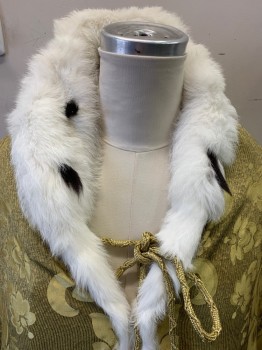 Unisex, Historical Fiction Cape, Mto, Gold, Cream, Fur, Synthetic, C42/4, Royal Queen's Ermine Cape Mid 1800's. Gold Brocade on Outside, White Rabbit Fur Trim Full Lining and Black Fur Tufts as Edge Trim. Approx. Fits Bust 36/8, Length Rom Nape of Neck is 55".
