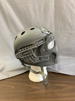 Unisex, Sci-Fi/Fantasy Helmet, MTO, Gray, Fiberglass, Plastic, Solid, Helmet with Plastic Mesh Face Covering, Chin Strap,
