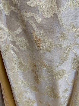 Womens, Evening Gown, MTO, Yellow, Cream, Synthetic, Brocade, W27, B36, H38, V-neck, Sleeveless, with Velvet Train, Gold Painted Bead Trim on Armcyes and Waist, Velvet Trim on Neckline, Waist, and Front and Back Skirt Panel *Several Water Stains All Around Especially on Front Hem*