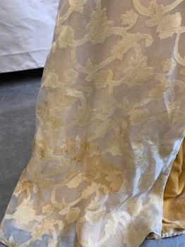 Womens, Evening Gown, MTO, Yellow, Cream, Synthetic, Brocade, W27, B36, H38, V-neck, Sleeveless, with Velvet Train, Gold Painted Bead Trim on Armcyes and Waist, Velvet Trim on Neckline, Waist, and Front and Back Skirt Panel *Several Water Stains All Around Especially on Front Hem*