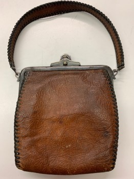 Womens, Purse 1890s-1910s, NL, Brown, Leather, Metallic/Metal, Solid, 5'', 6''x, Embossed Floral Design, with Antique Silver Ball Snap Closure, Contrast Black Leather Stitching Around All Edges, Two Small Pockets and Original Leather Covered Mirror Inside