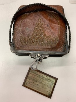 Womens, Purse 1890s-1910s, NL, Brown, Leather, Metallic/Metal, Solid, 5'', 6''x, Embossed Floral Design, with Antique Silver Ball Snap Closure, Contrast Black Leather Stitching Around All Edges, Two Small Pockets and Original Leather Covered Mirror Inside