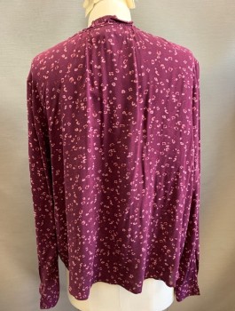Womens, Blouse, CLOTH & STONE, Red Burgundy, Mauve Pink, Rayon, Floral, S, Long Sleeves, Pullover, Round Neck with V-Notch, Self Ruffle Detail