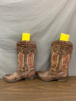 Womens, Cowboy Boots, COCONUTS, Brown, Orange, White, Leather, 8, White & Orange Stitched Pattern, Brown Low Block Heel