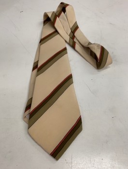 Mens, Tie, N/L, Ecru, Taupe, Brown, Red, Silk, Stripes - Diagonal , Late 1970's/Early 80's