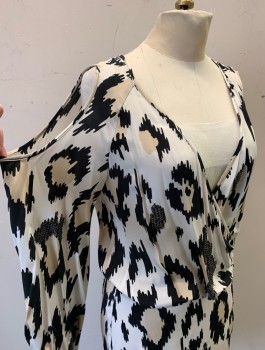 SHERI BODELL, White, Black, Ecru, Silk, Abstract , Cutout Cold Shoulders, Surplice V-neck, Metal Chainmail Appliques Throughout, Silver Metal Button and Loop Closures at Side, Hem Mini