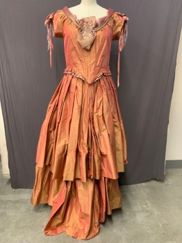 Womens, Historical Fiction Dress, MTO, Orange, Silk, Solid, Sharkskin Weave, W 30, B 36, Ball Gown, Shantung Silk, Scoop Neck, Browned Lace Neck Trim, Cap Sleeves with Ribbon Bow Trim, Mauve/Gold Metal Woven Chiffon Pleated and Bowed Neck Trim, Light Pink Sequin Appliqué, V Shaped Waist Panel, Pleated Hem with Pink/Silver Ribbon Pleated Trim, Hook & Eye Back, Horizontal Pleated Tiers on Skirt, Floor Length, Made To Order Historical Fantasy
