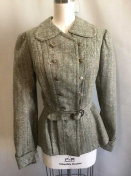 Womens, Jacket 1890s-1910s, MTO, Gray, Tan Brown, Green, Red, White, Wood, Speckled, Tweed, B:32, Long Sleeves, Double Breasted, Gold + Silver Buttons with Ornate Floral Texture, Scallopped Collar, 2 Vertical Pleats On Each Side Of Torso, Folded Cuffs, Gray New Lining, Hip Length, Has Been Re-Lined **Comes with Matching Self Fabric Belt, 1" Wide, with Metal Buckle In Front and 2 Floral Metal Buttons In Back,