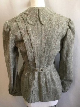 Womens, Jacket 1890s-1910s, MTO, Gray, Tan Brown, Green, Red, White, Wood, Speckled, Tweed, B:32, Long Sleeves, Double Breasted, Gold + Silver Buttons with Ornate Floral Texture, Scallopped Collar, 2 Vertical Pleats On Each Side Of Torso, Folded Cuffs, Gray New Lining, Hip Length, Has Been Re-Lined **Comes with Matching Self Fabric Belt, 1" Wide, with Metal Buckle In Front and 2 Floral Metal Buttons In Back,