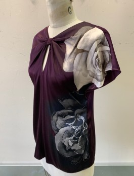 ELIE TAHARI, Aubergine Purple, Gray, Black, Silk, Floral, Oversized Roses on Left Side, Satin, Cap Sleeves, Self Knotted Bow Detail at Neckline, Pullover, 1 Button at Back of Neck