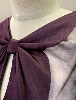 ELIE TAHARI, Aubergine Purple, Gray, Black, Silk, Floral, Oversized Roses on Left Side, Satin, Cap Sleeves, Self Knotted Bow Detail at Neckline, Pullover, 1 Button at Back of Neck