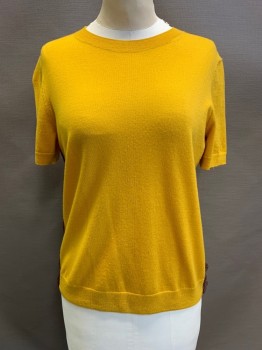 TORY BURCH, Mustard Yellow, Acrylic, Solid, Pullove, Crew Neck, Short Sleeves, See-Through Lace Strips on Sides
