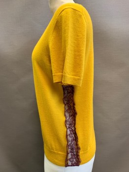 TORY BURCH, Mustard Yellow, Acrylic, Solid, Pullove, Crew Neck, Short Sleeves, See-Through Lace Strips on Sides