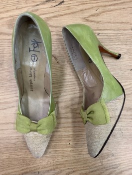 Womens, Shoe, JOSEPH LAROSE, Pea Green, Cream, Leather, Silk, Color Blocking, 7, PUMPS, Pointed Toes, Bow at Front